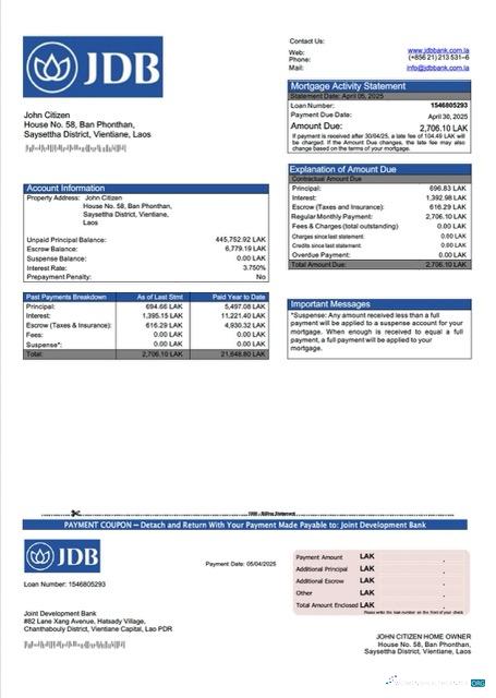 Download Laos Joint Development Bank mortgage statement Word and PDF template Photoshop template